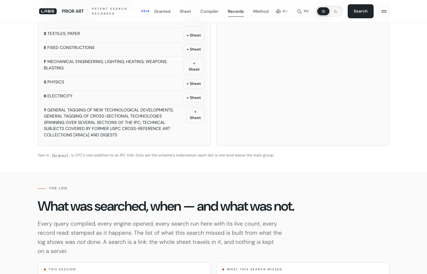 The Prior Art's log section on labs.llc, headed 'What was searched, when — and what was not', explaining that every query compiled, every engine opened and every search run is stamped as it happens, and that the list of what the search missed is built from what the log shows was not done.