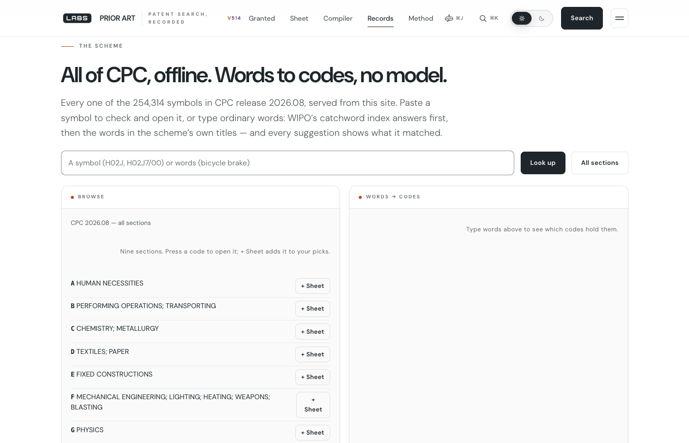 The Prior Art's scheme section on labs.llc, headed 'All of CPC, offline. Words to codes, no model.' A search box reads 'A symbol (H02J, H02J7/00) or words (bicycle brake)' with Look up and All sections buttons. Below, a BROWSE panel lists CPC 2026.08 sections A HUMAN NECESSITIES through G PHYSICS, each with a '+ Sheet' button, beside an empty WORDS to CODES panel.