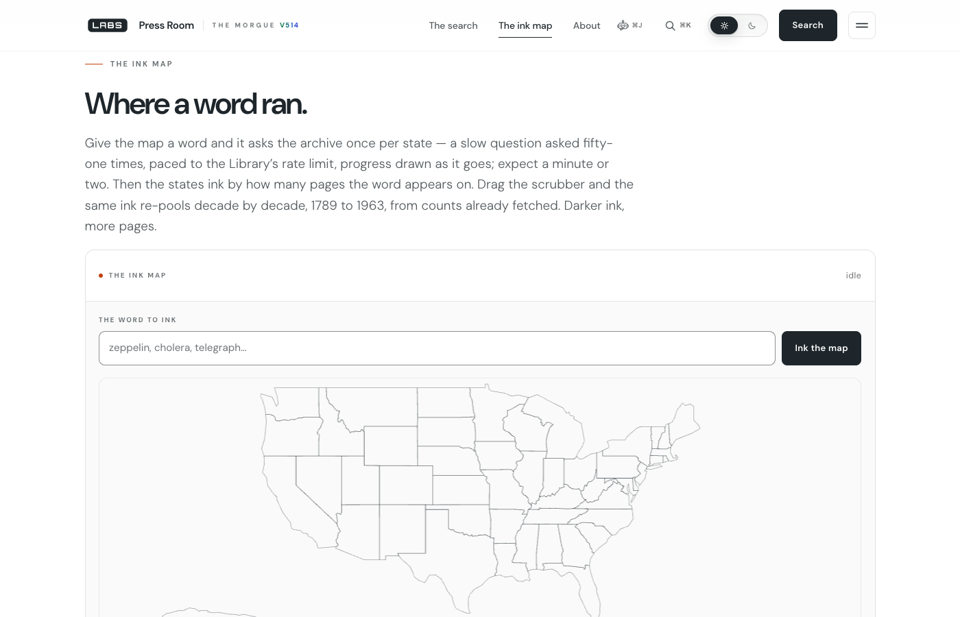 The Press Room's ink map section on labs.llc, headed 'Where a word ran.' A text field labelled THE WORD TO INK shows the placeholder 'zeppelin, cholera, telegraph…' beside an 'Ink the map' button, above a hand-drawn outline map of the United States with every state unshaded and the status reading 'idle'.