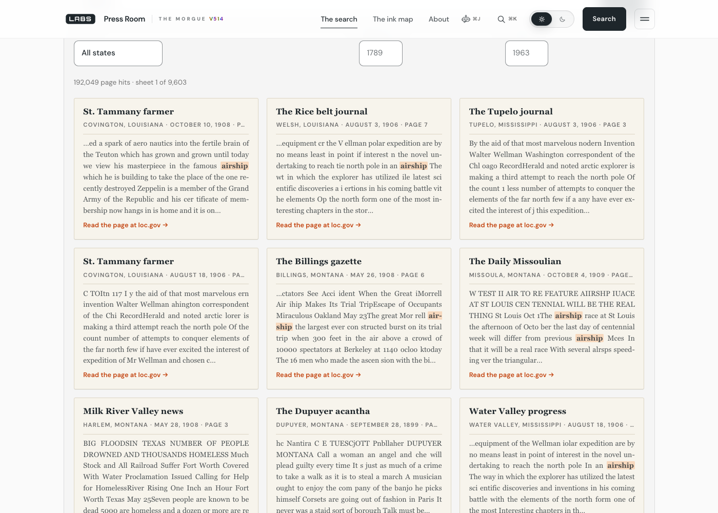 The Press Room's results on labs.llc after a live search: a line reading '192,049 page hits · sheet 1 of 9,603' above a grid of nine result cards, each naming a newspaper such as St. Tammany farmer, The Rice belt journal and The Billings gazette, with its town, state and date, an OCR snippet with the word 'airship' highlighted, and a 'Read the page at loc.gov' link.